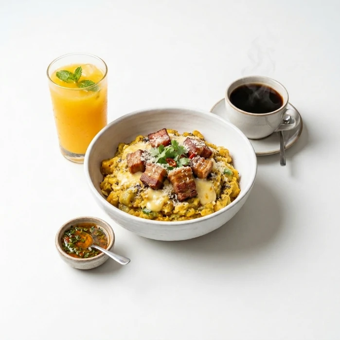 Tigrillo encendido - Majado especial de verde con queso manaba, chicharrón y huevo criollo.